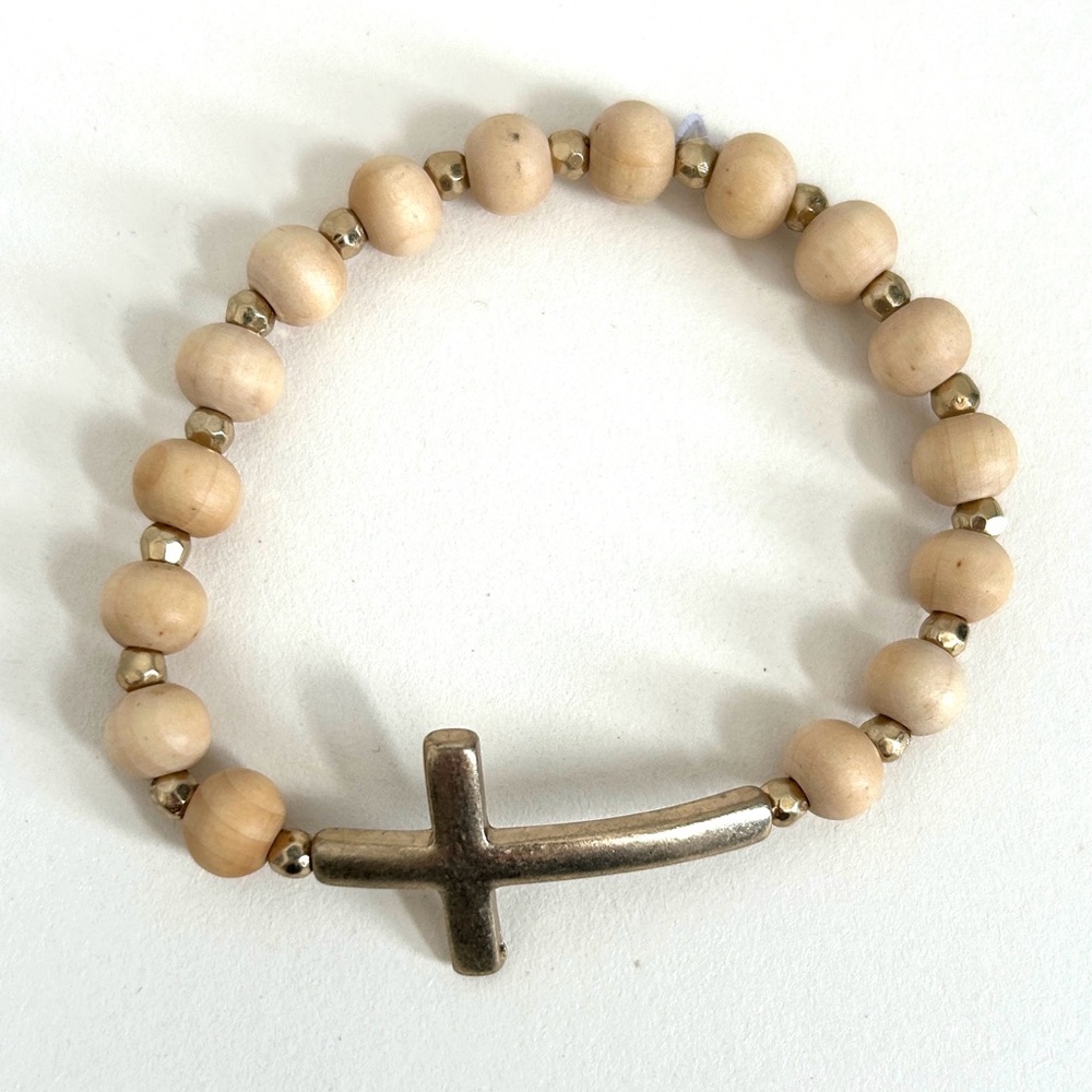 Wood Bead Bracelet with Side Cross - Picture 2 of 2